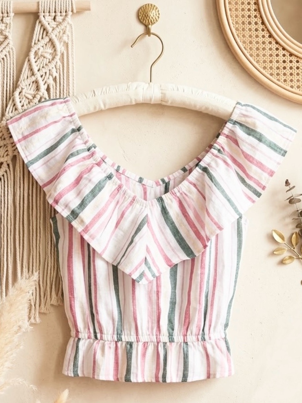 Express Linen Pink, Green & White Striped Ruffle Crop Top